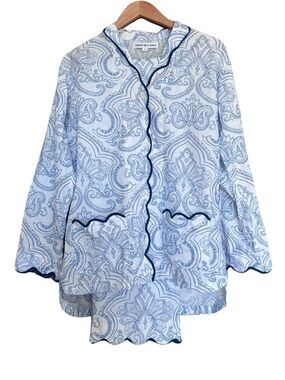 Heidi Carey Blue Paisley Pajama Set Scalloped Trim 100% Cotton Large